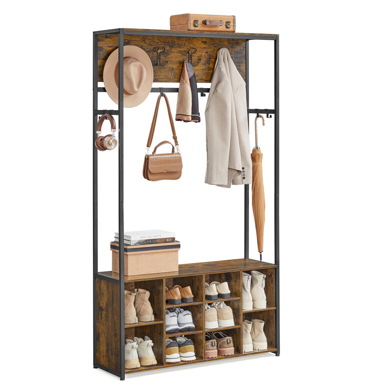 Hall Tree With Bench And Shoe Storage, Rustic Brown