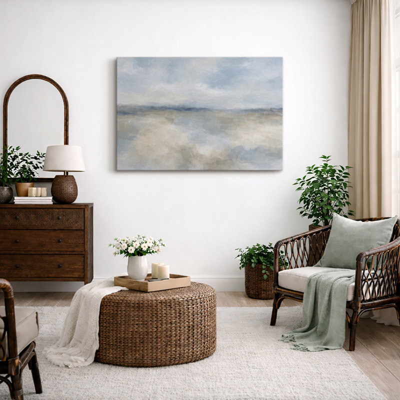 Soft Blue Beige Abstract Sky Landscape Artwork, Minimalist Living Room Pictures, Framed Canvas Giclee Print Wall Art