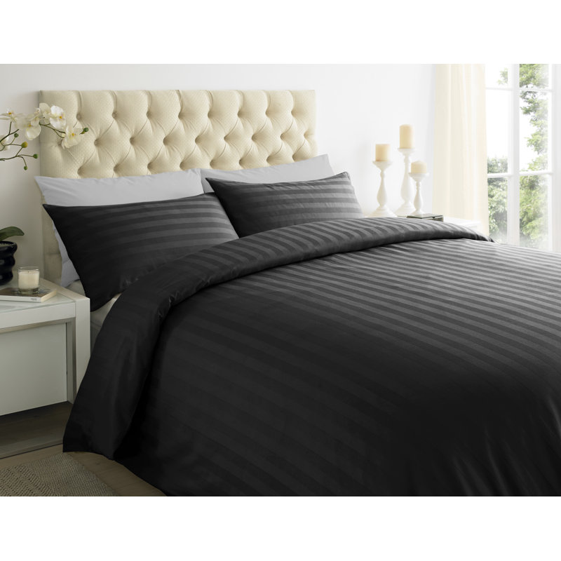 Satin Solid Colour Duvet Cover Set with Pillowcases, Black, Double - 2 Standard Pillowcases