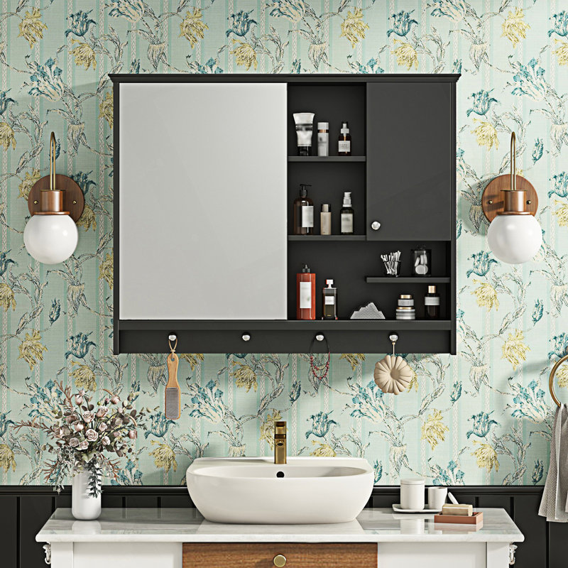 Armoire à pharmacie murale, armoire de rangement de salle de bain avec porte miroir et tablette ajustable, armoire d'appoint