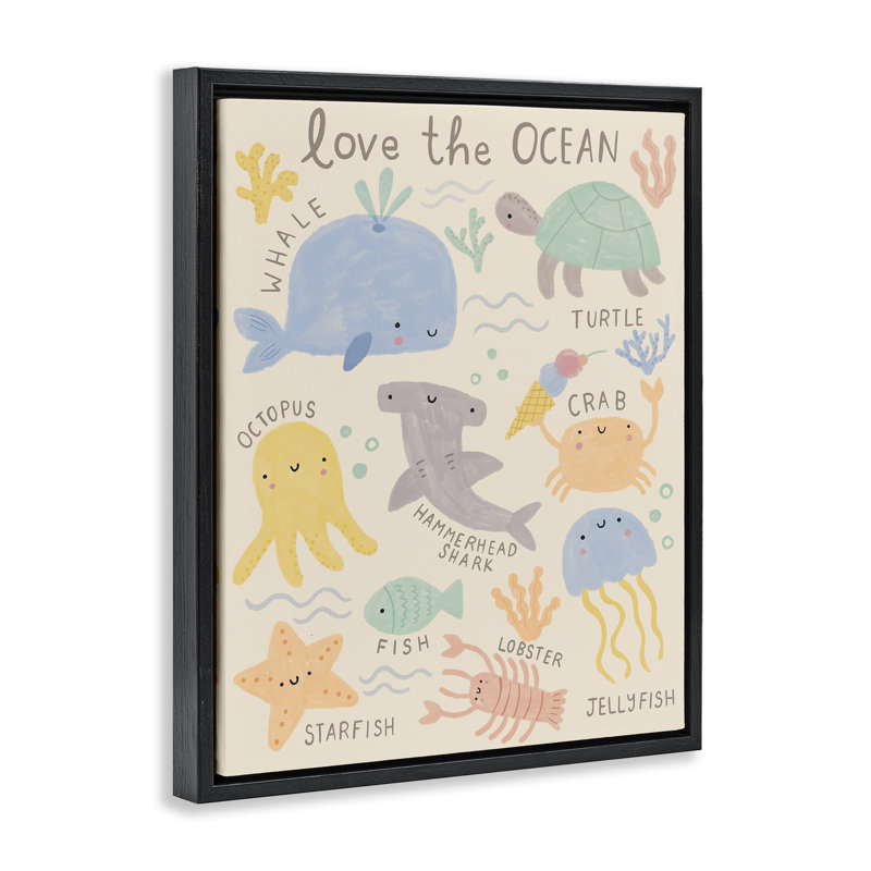 «Love The Ocean Creatures», art mural encadré par Lisa Barlow, Cadre flottant noir de jais, H 21 po x l 17 po