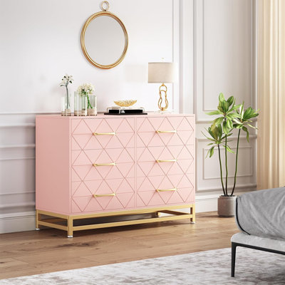 Pink/White/Black Dresser for Bedroom w/ 6 Drawers Wood Chest of Drawers TV Stand Morden Dresser for Closet/ Living Room/ Hallway/ Nursery