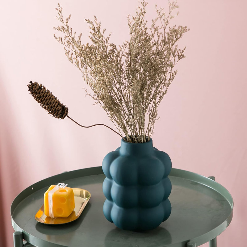 Vase en céramique, vase à fleurs séchées modernes, vase bleu sarcelle à pois surélevés, décoration de la maison Boho, Bleu