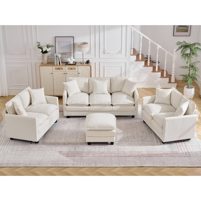 Ensemble de salon en nuage 4 pièces avec siège profond, 4 pièces: 2 causeuses, canapé 3 places, repose-p, Beige