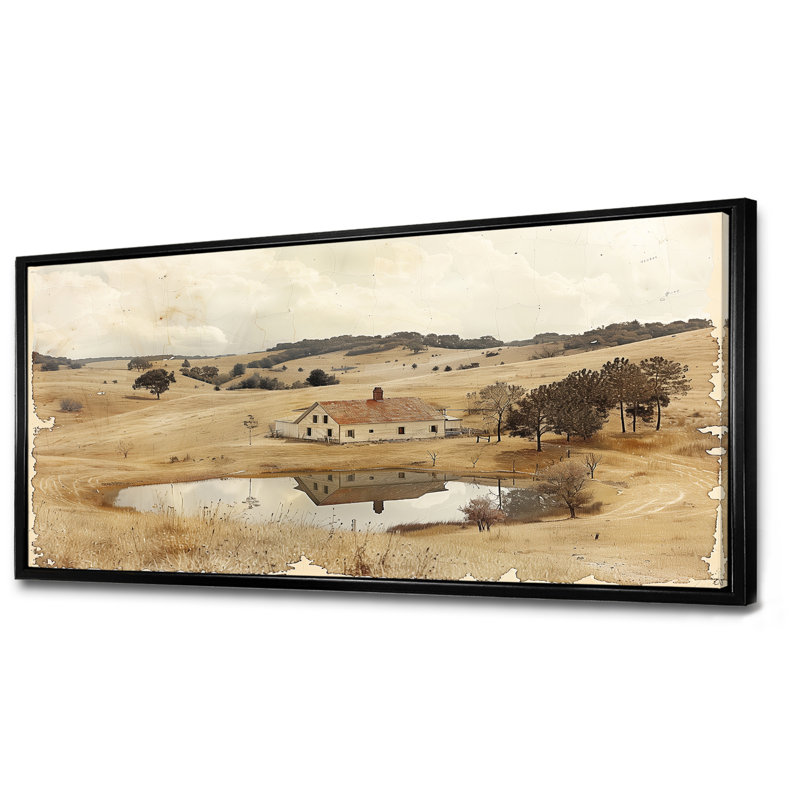 «Brown American Farm Landscape I - Farm Wall Art Living Room», Cadre flottant noir, H 28 po x l 60 po x P 1,5 po