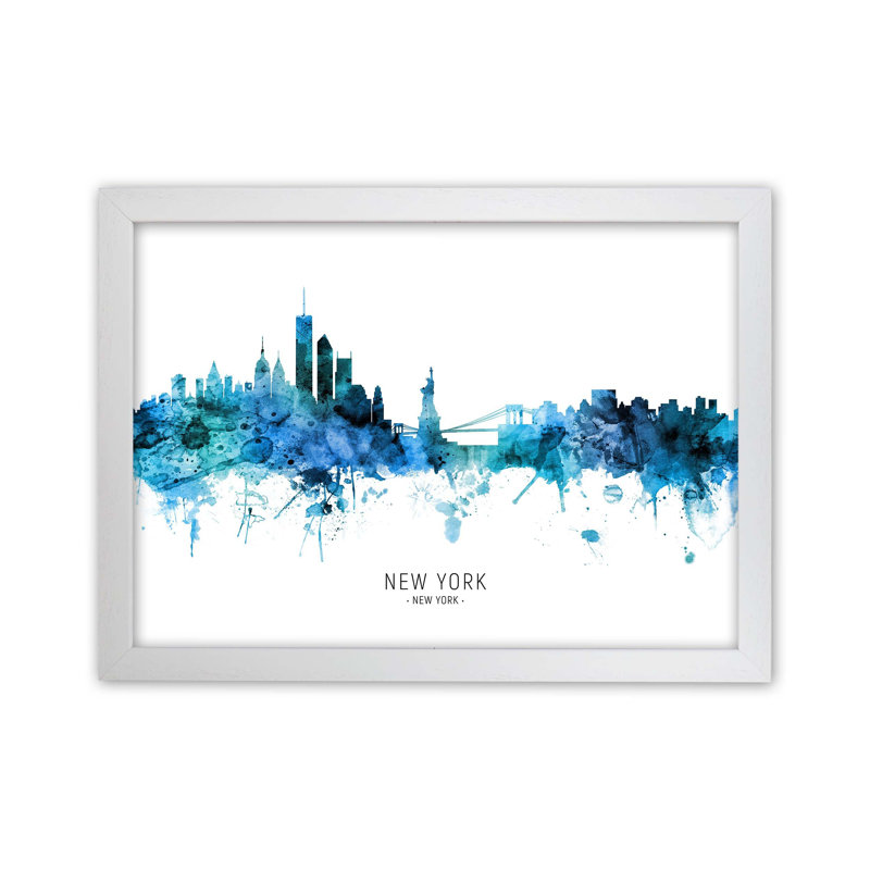 New York Skyline Blue City Name by Michael Tompsett - Print, White Framed, 46cm H x 63cm W x 3cm D
