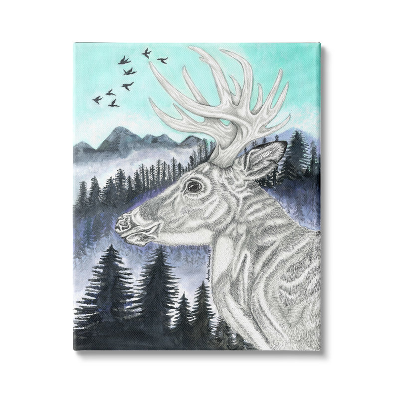 Portrait d'un élan au crayon, paysage de montagne bleue par Andrea Kochish - impression, Toile tendue, H 20 po x l 16 po