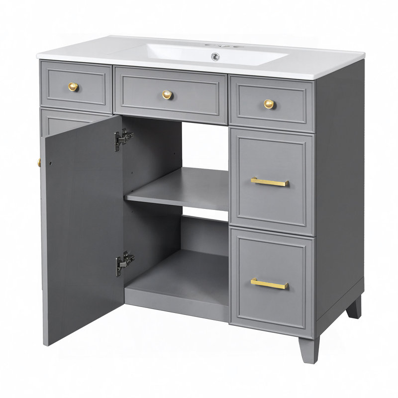 Meuble-lavabo de salle de bain avec lavabo en céramique, structure en bois massif, portes à fermeture en douceur, tablettes réglables, 3 tiroirs, y compris un tiroir à double profondeur pour le rangement du sèche-cheveux