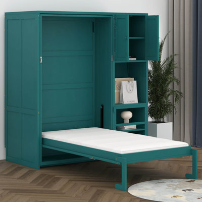 Lit escamotable mural simple avec bibliothèque, armoire supérieure, bureau extensible et rangement latéral