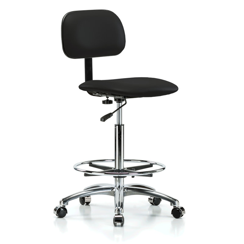 Fauteuil de laboratoire chromé avec dossier réglable et repose-pieds PERCH | Hauteur du banc élevé: 24 à 33,5 po, Vinyle noir