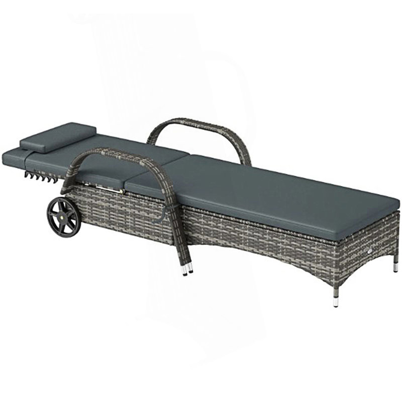 Adjustable Backrest Rattan Pool Lounge Chair, Black Cushion/Mixed Gray Frame, 1
