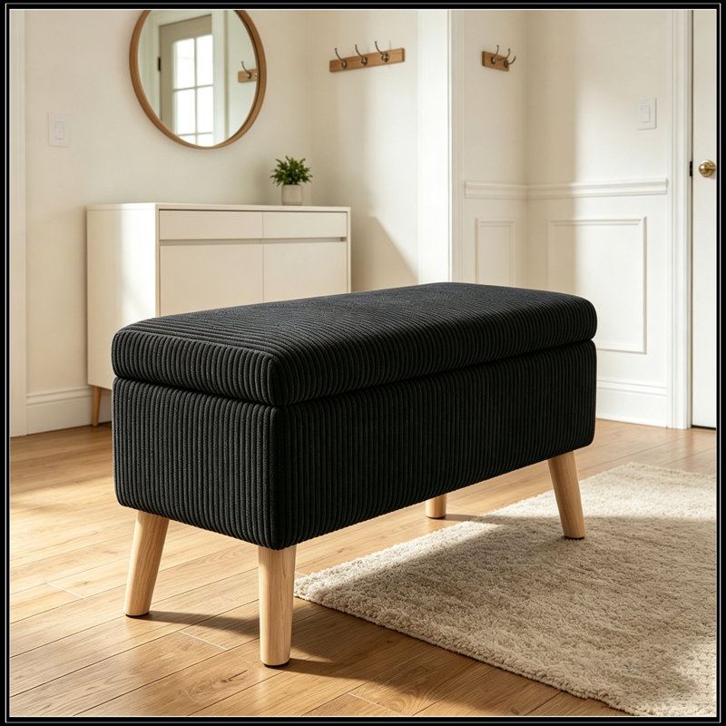 Banc rembourré avec rangement rabattable et pieds robustes, Black