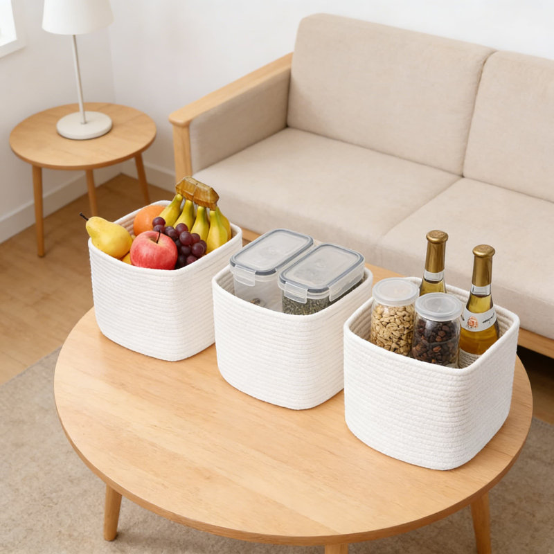 3-Pack Cotton Rope Storage Baskets, 9X9x7 Inch Cube Organizer Bins With Reinforced Handles For Toys, Clothes, Towels, Home Organization On Shelves, Closet, Nursery, Bathroom