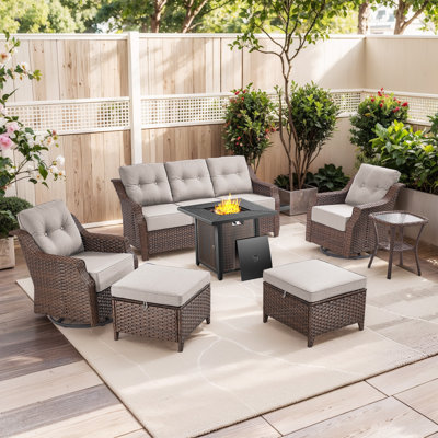 Circlarmino 7-Piece Outdoor Wicker Patio Conversation Set With Square Metal Fire Pit, Swivel Gliders, Ottomans And Side Table For Patio