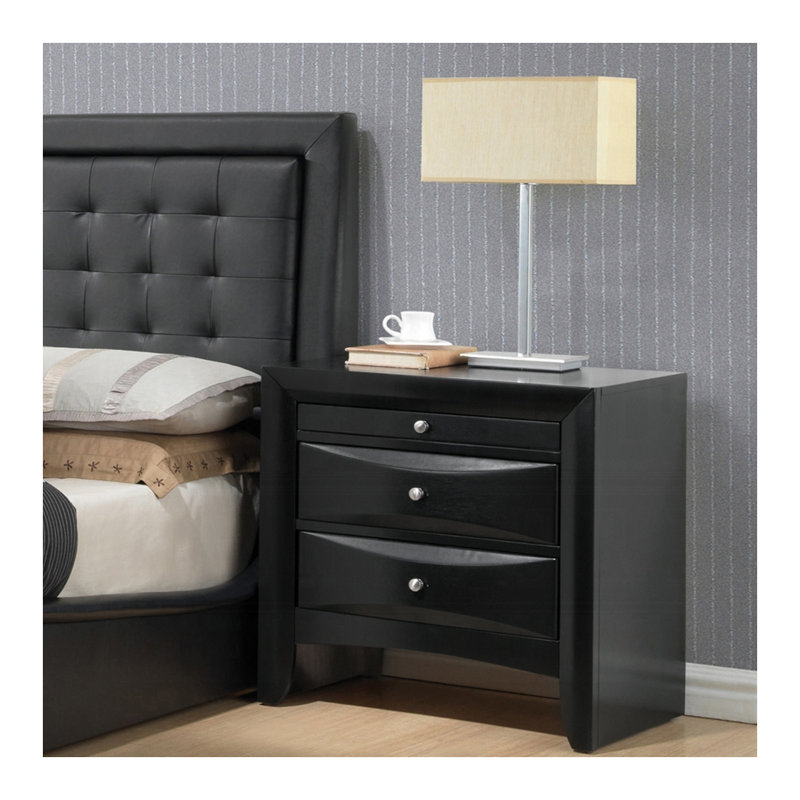 Table de chevet moderne noire avec 2 tiroirs de rangement et plateau coulissant - Table de chevet contemporaine en bois
