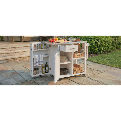 Outdoor Kitchen Island Fir Wood Prep Station Lockable Kitchen Cart With Stainless Top, Ample Storage Space, Towel And Spice Racks For Patio And Outdoor, White, Kitchen Island