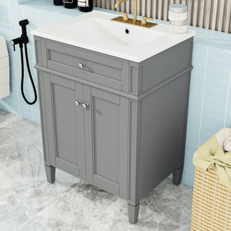Meuble-lavabo autoportant avec lavabo en céramique, tiroir basculant et tablette réglable, Grey