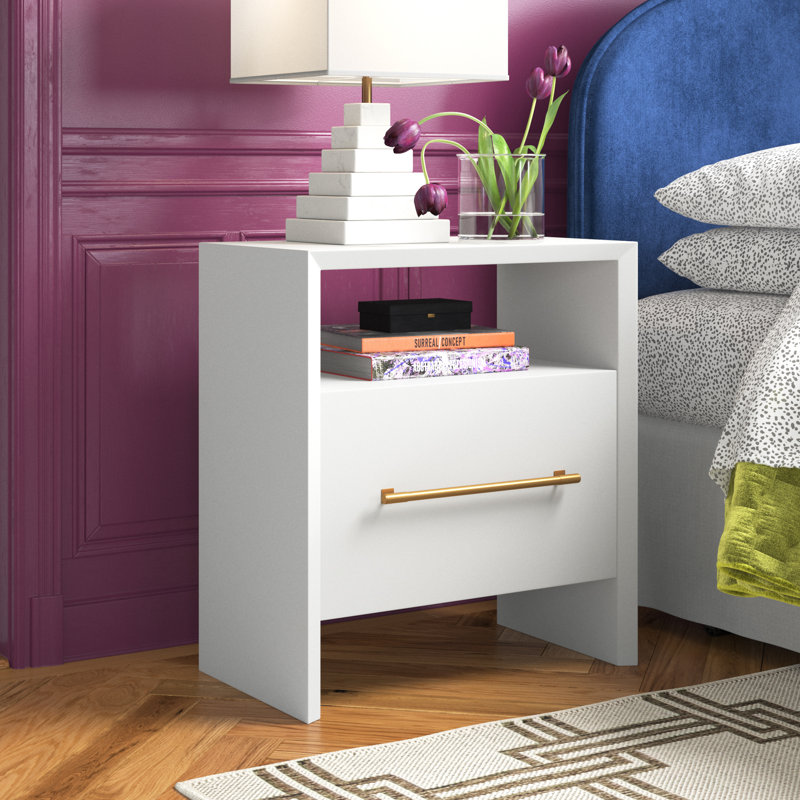 Libre 23'' Sleek White and Gold Modern Nightstand with 1 Drawer