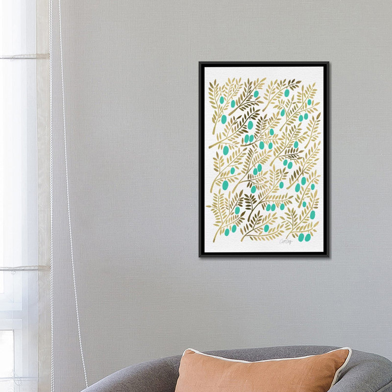 « turquoise olive branches », impression sur toile tendue artprint, H 26 po x l 18 po x P 1,5 po, Toile encadrée noire