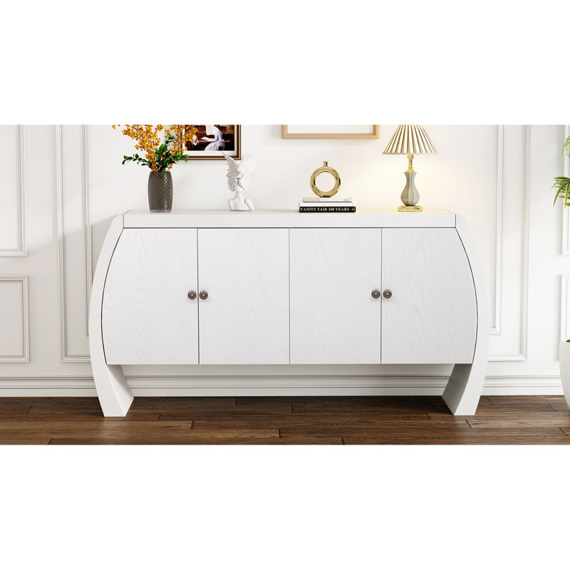 Four-Door Ash Veneer Storage Cabinet with Curved Legs – Hallway, Entryway & Living Room Furniture,White, White