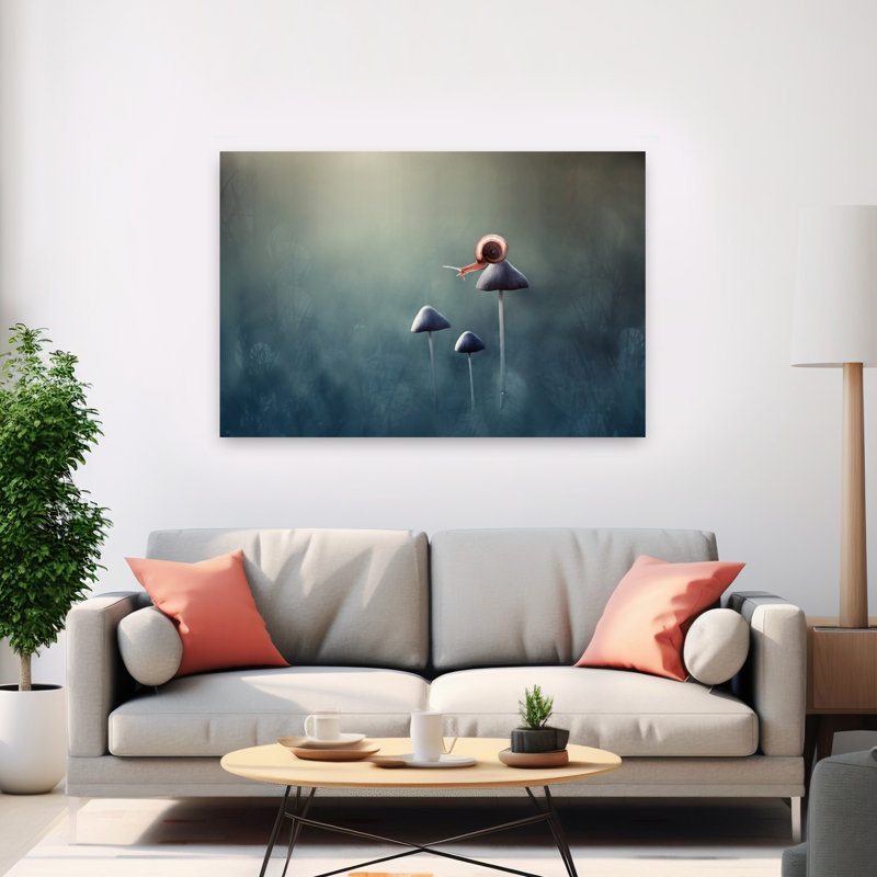 Petit escargot sur champignon - Affiche murale délicate, onirique et paisible représentant une forêt d'animaux, 40" H x 60" W