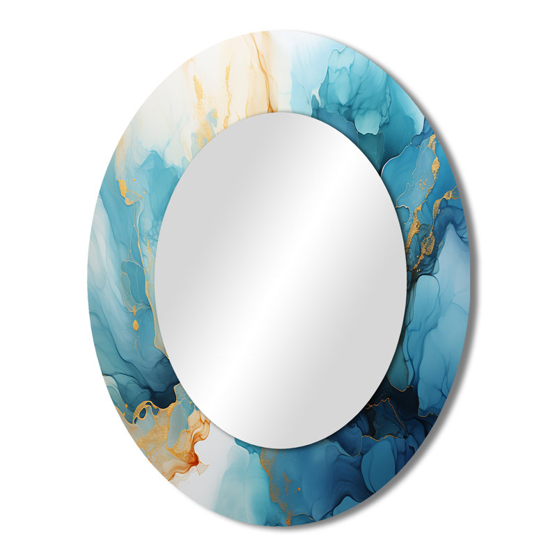 «Ros Flowa», bleu et doré, rivière abstraite - miroir mural, miroir décoratif bleu, impression sur métal, 43 po x 33 po