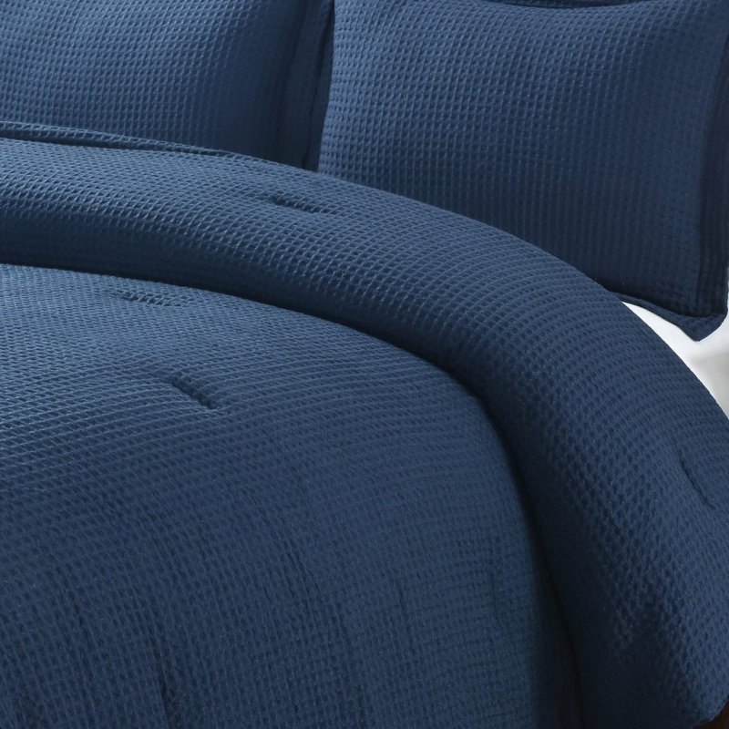 Wilmer Waffle Weave Textured Comforter Set, King Comforter + 2 King Shams, Navy