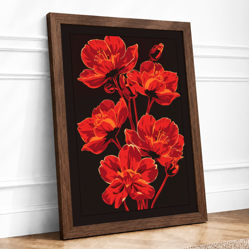 Vibrant Red Blooms Botanical - Framed Print, A1 - 84.1 x 59.4 cm, Walnut