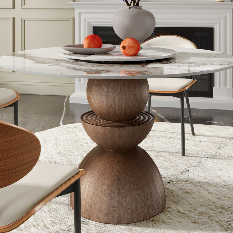 Table de salle à manger moderne en pierre ronde avec plateau tournant, Pandora, H 29,53 po x l 47,24 po x P 47,24 po
