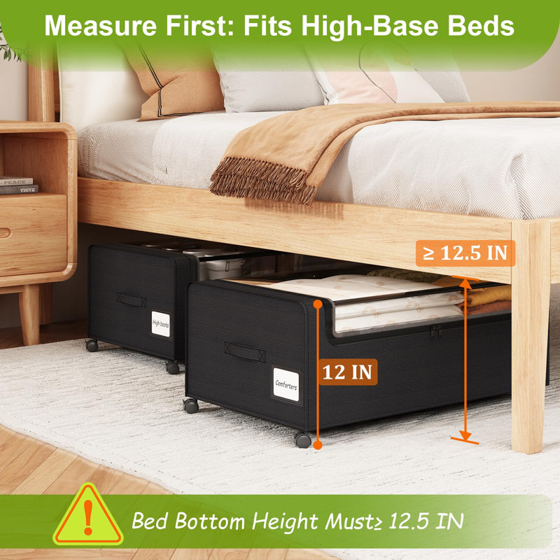 Under Bed Storage Containers With Wheels, 12 Inch Under The Bed Storage Bins With Clear Lid, 2 Pack, (Black), Black