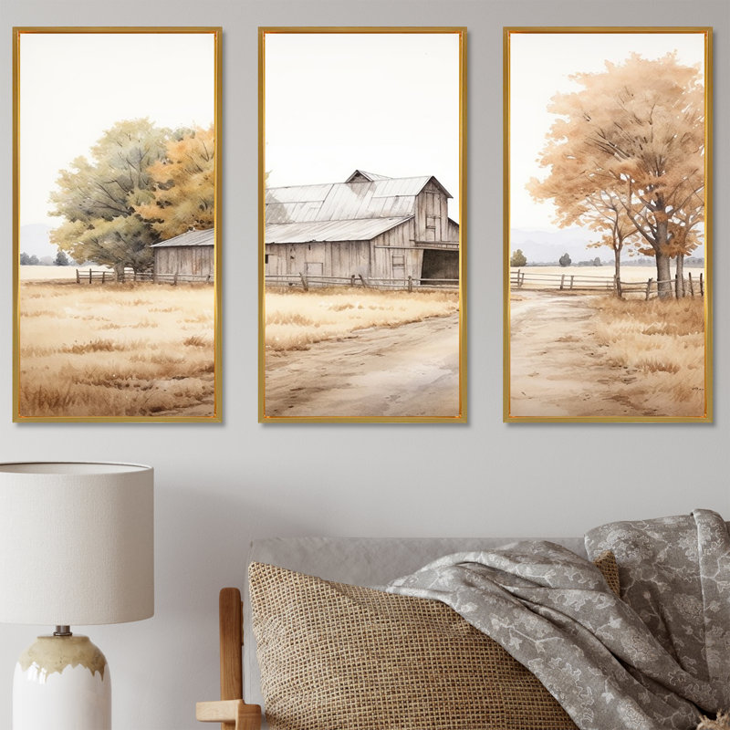 Paysage de grange, minimalisme, ensemble d'art mural, Cadre flottant doré, H 40 po x l 60 po x P 1 po