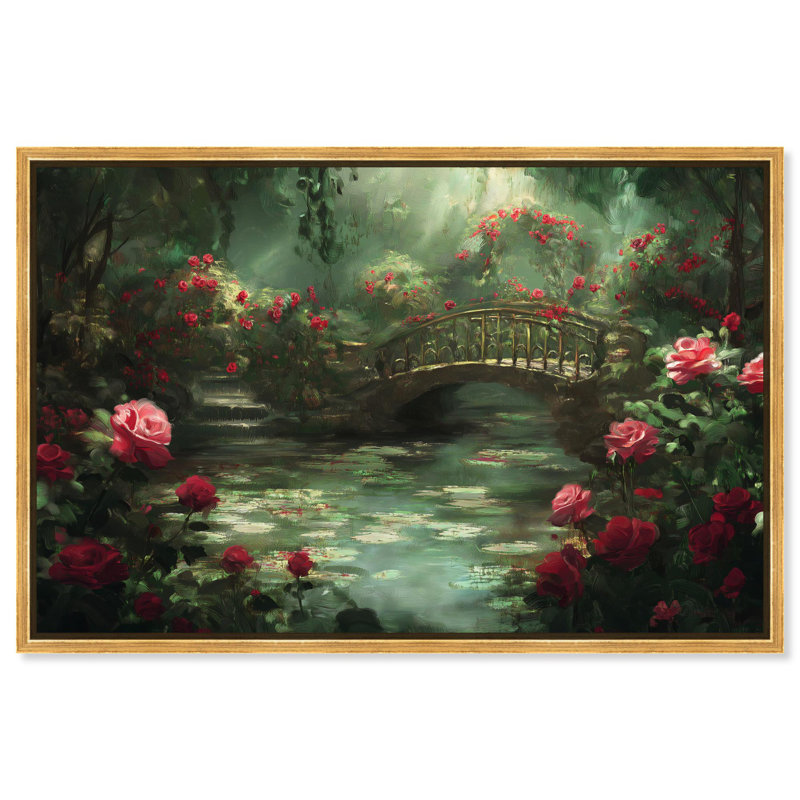 «Rose Garden Bridge», toile, paysage classique par Art Remedy, H 21 po x l 31 po, Cadre doré