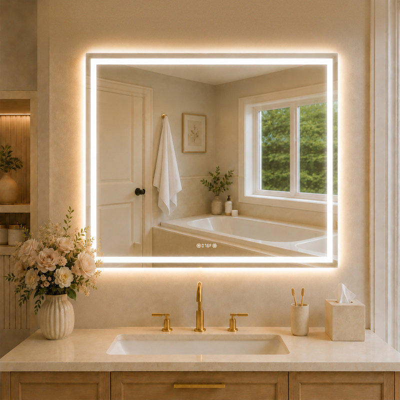 TMMV l 42 po x H 36 po Miroir de salle de bain mural anti-buée à lumière DEL en cristal poli, L 42 po x H 36 po