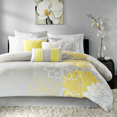 Édredon très grand lit - gris taupe / jaune, coton imprimé, rembourrage, imprimé de 3 coussins en coton, chute de 15 pouces