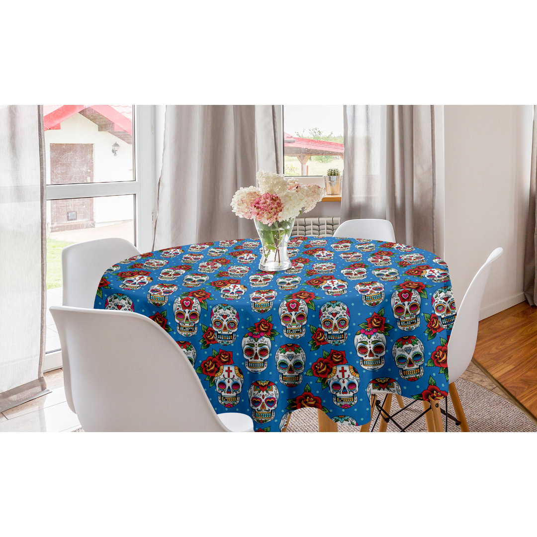 Runde Tischdecke, Floral Roses Schädel, Bunt, Elfenbein Blau Rot