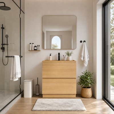 30 Inch Bathroom Vanity Base Only with Double Drawers, Freestanding Storage Cabinet, Oak Finish Engineered Wood for Bathroom, Powder Room