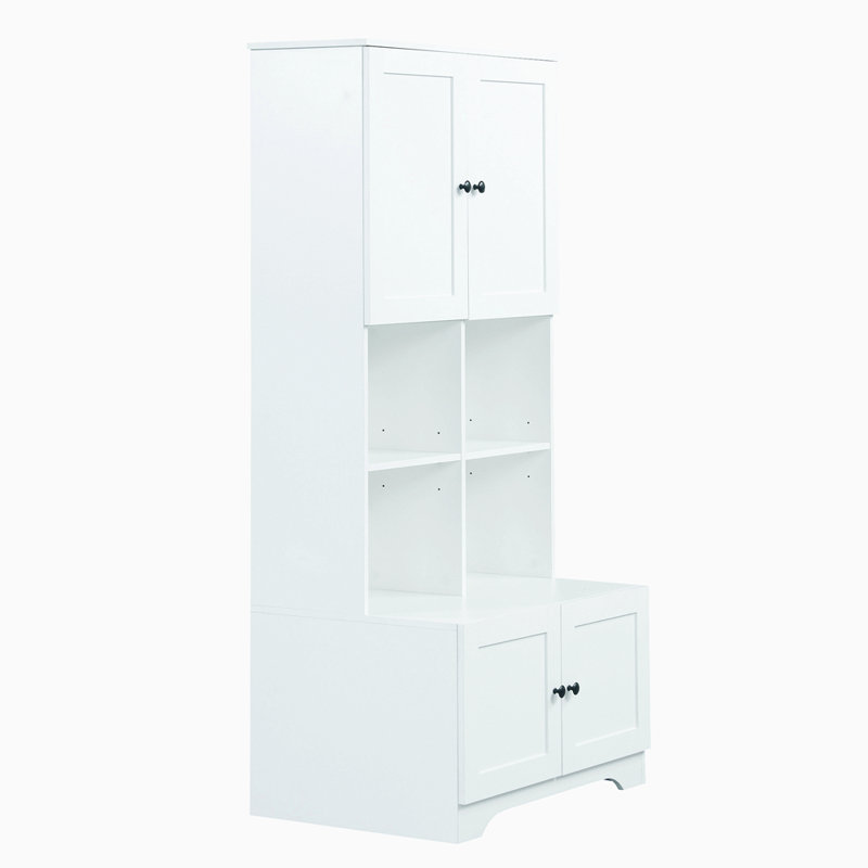 Armoire de rangement haute et large pour salle de bain, unité de rangement pour salle de bain, armoire autoportante avec 4 portes, tablettes réglables, tablettes ouvertes multicouches, blanc