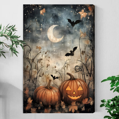 Framed Alvord Canvas Wall Art - Halloween Jack O Lanterns and Bats, Vintage Gothic Style - 16" x 24" for Living Room and Bedroom