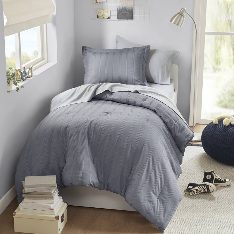 Logan Woven Striped 5-Piece Twin/Twin XL Comforter Set, Twin Comforter + 4 Addiotional Pieces, Blue/Gray Striped