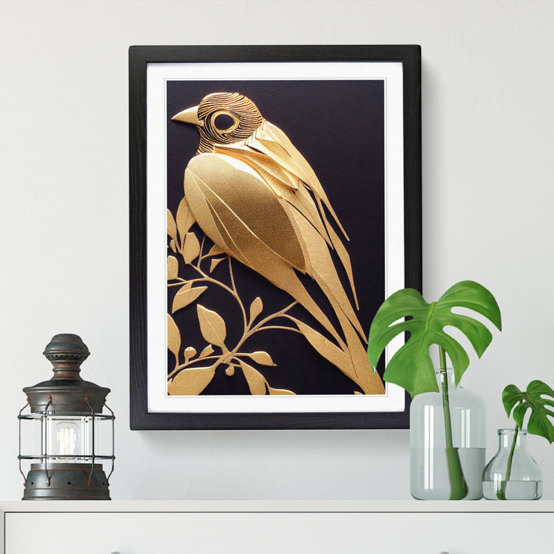 FRM-V0523-241X Bird Gold Leaf - Single Picture Frame Print, 64cm H x 46cm W x 2cm D, Oak Framed