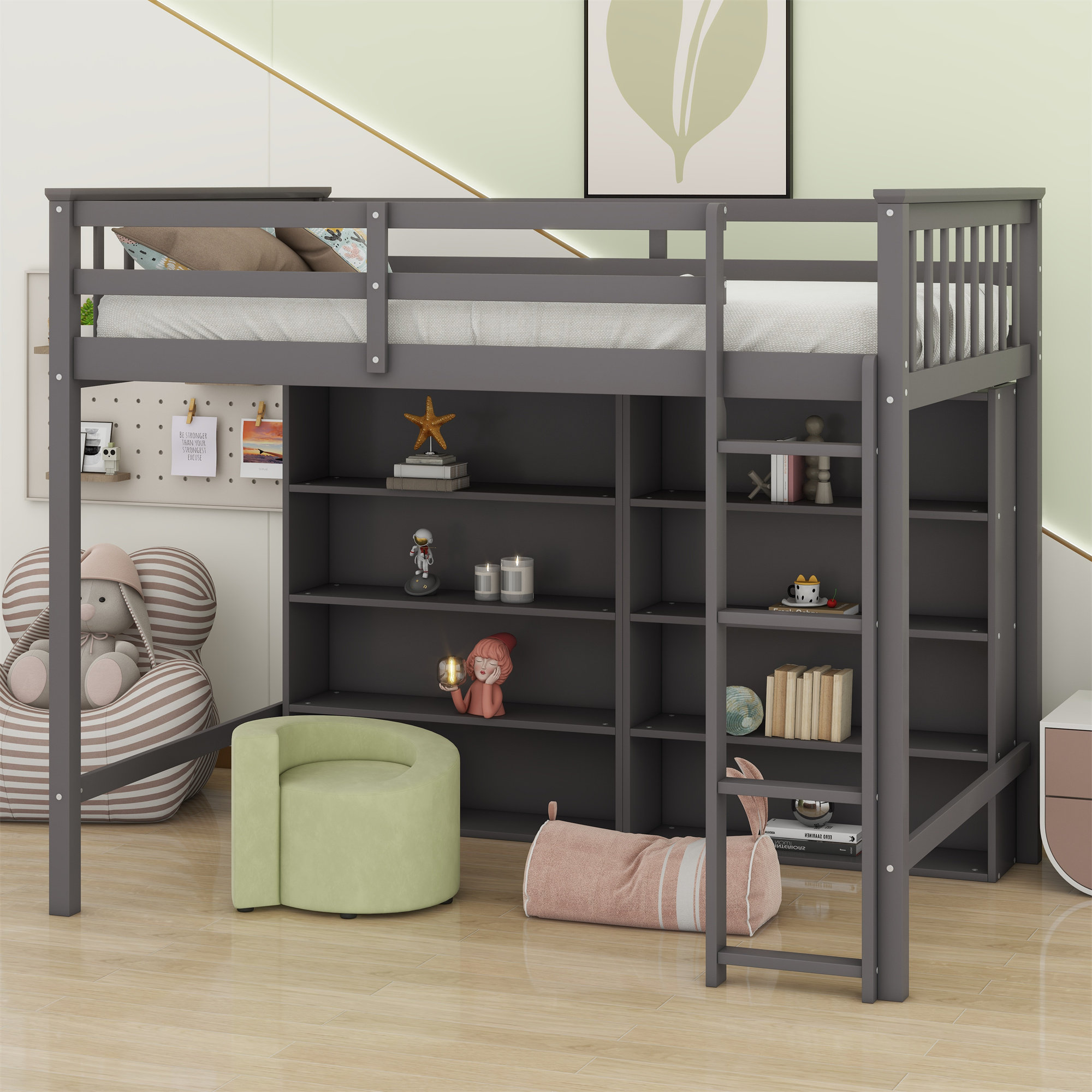 17 Stories Loft Bed With 8 Open Storage Shelves And Built-In Ladder ...