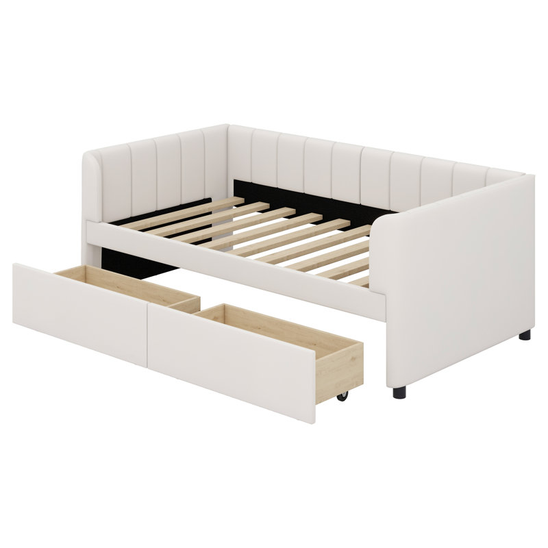 Lit de jour rembourré avec dossier ergonomique et 2 tiroirs Shanav, Beige
