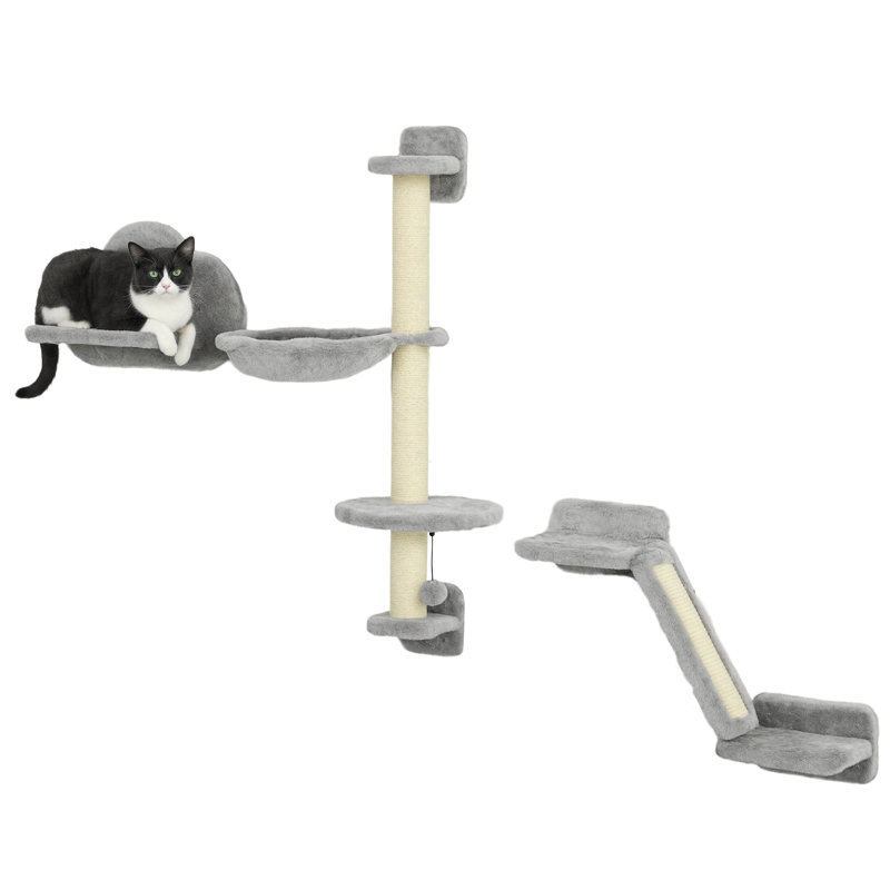 Tablette murale pour chat 3 pièces Tucker Murphy Pet ™ avec poteaux à griffer, hamac, rampe, plateformes, tablettes pour chats pour se détendre, dormir, sauter