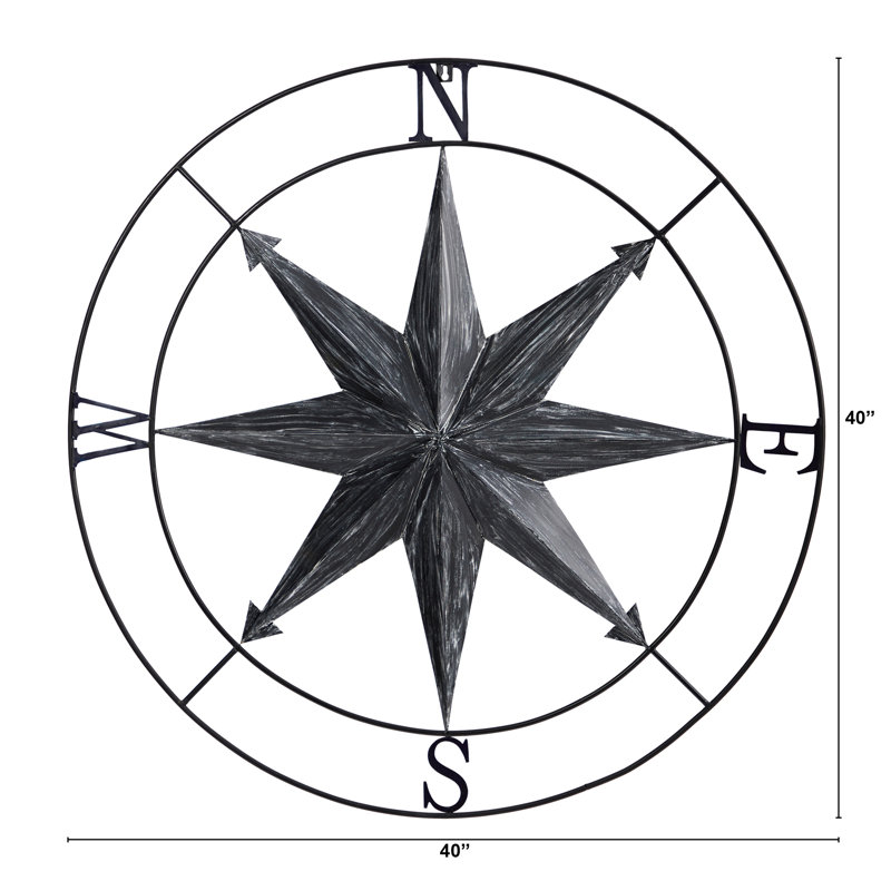 40-Inch Washed Black Metal Nautical Compass Wall Art