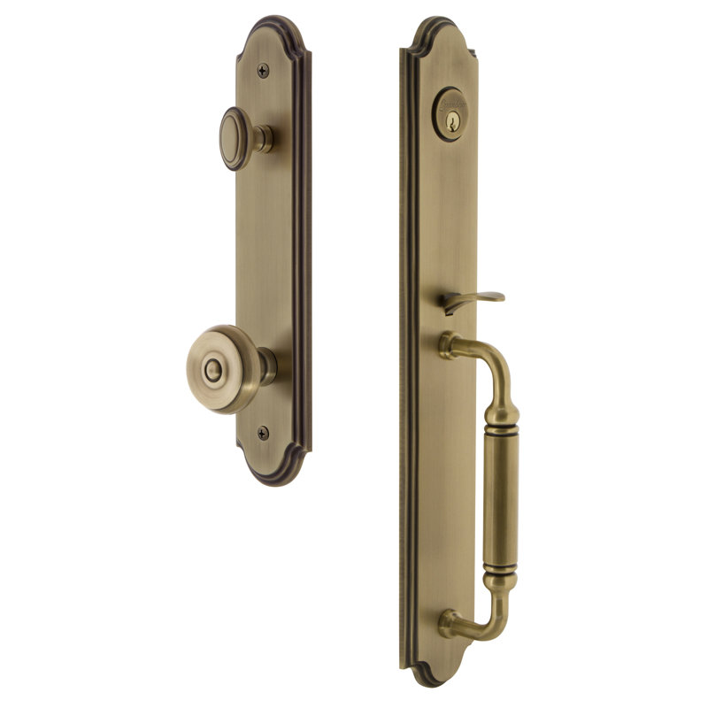 Arc Handleset with Single Cylinder Deadbolt and Bouton Door Knob and Arc Rosette, 2.375", Vintage Brass