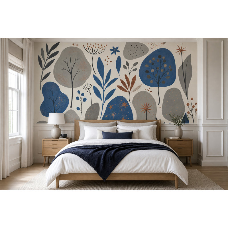 Papier peint floral scandinave abstrait à feuilles bleues, 160"x108", Non-Woven Nonpasted