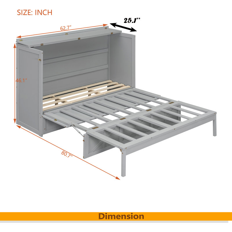 Grand lit escamotable avec grands tiroirs et port USB, Gris brossé