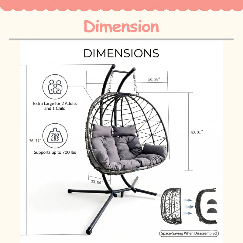 Balancelle double avec support, fauteuil hamac de patio avec causeuse à coussin, Gris