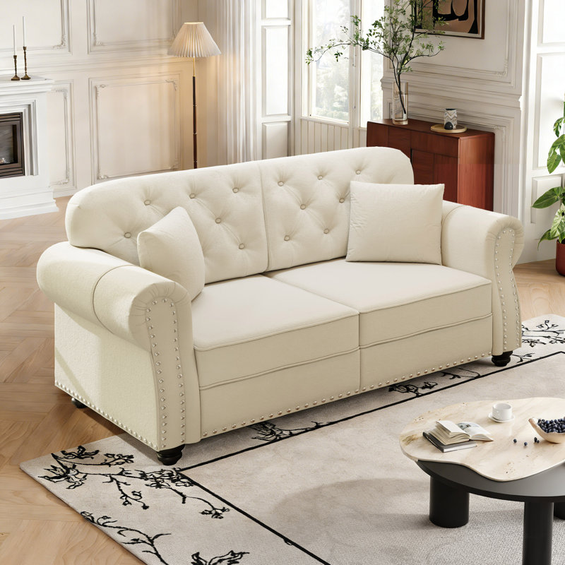Mid-Century Modern 63" Velvet Upholstered Sofa With Nailhead Trim And Button Tufted, Modern Chesterfield Loveseat With 2 Pillows And Ottoman