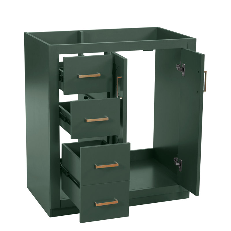 Ensemble de meuble-lavabo autoportant avec cadre en bois massif 30 po, 3 tiroirs et portes à fermeture douce, Vert/doré